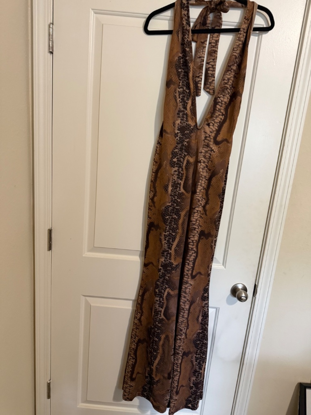 FashionNova Snake Print Plunge Halter Flare Jumpsuit - Picture 3 of 4
